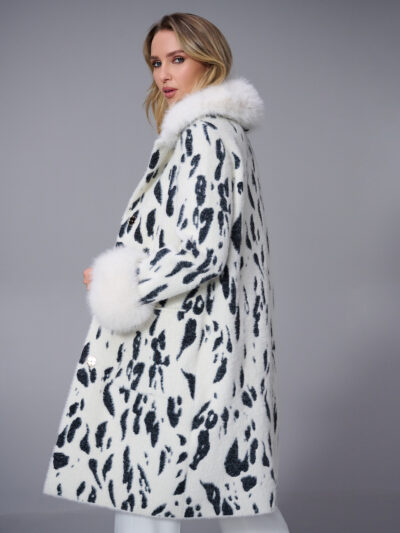 Feather Yarn Animal Jacquard  Coat with Faux Fur Trim