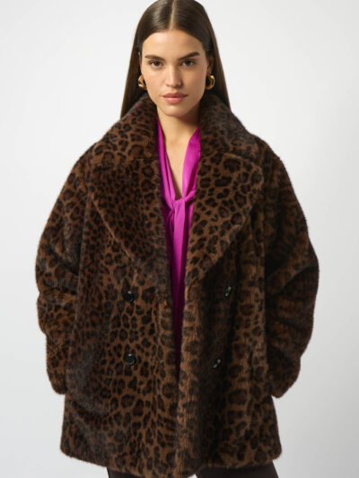 Faux Fur Leopard Print Double-Breasted Coat