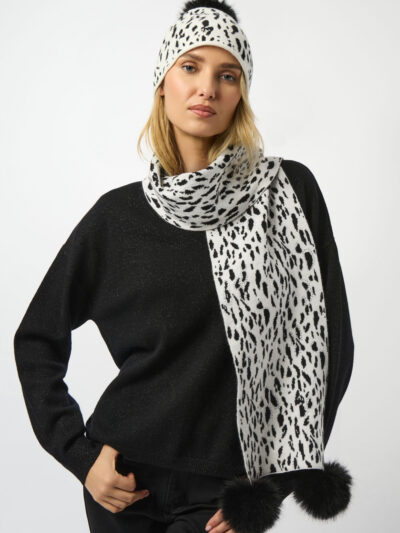 Knitted Animal Print Pompom Scarf