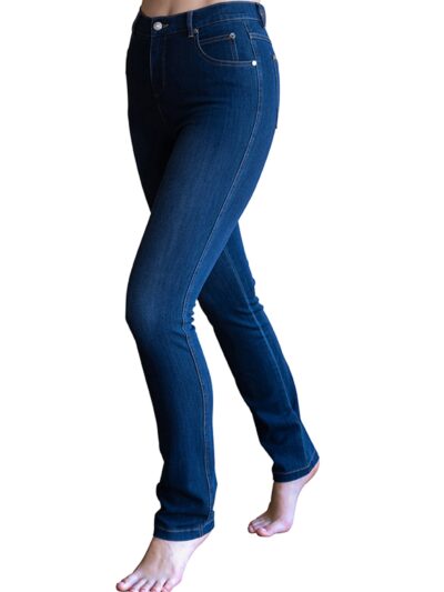 Cotton rich 4 way stretch high waisted slim straight leg jean